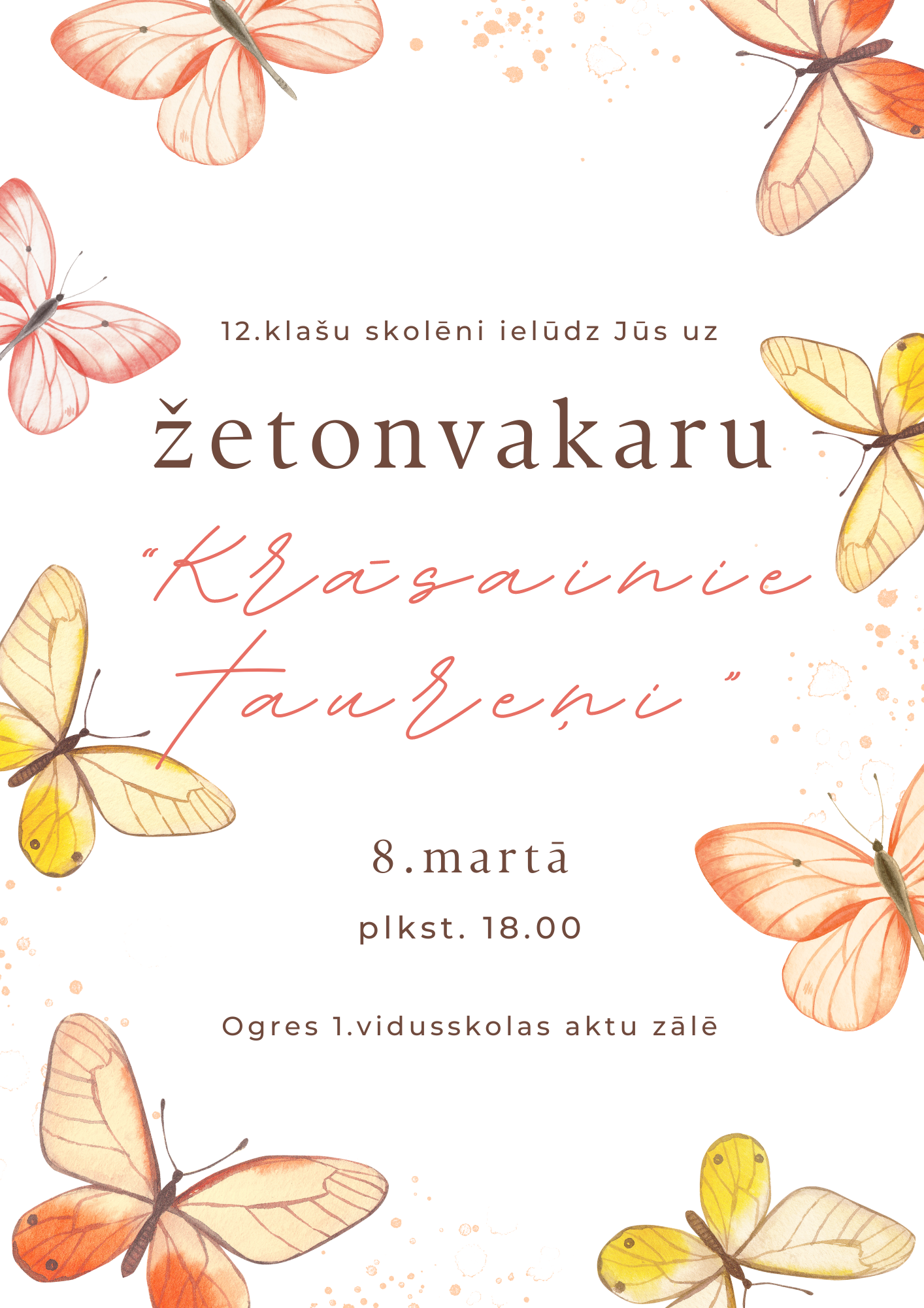 Žetonvakara baneris. 12. klašu skolēni ielūdz Jūs uz žetonvakaru 