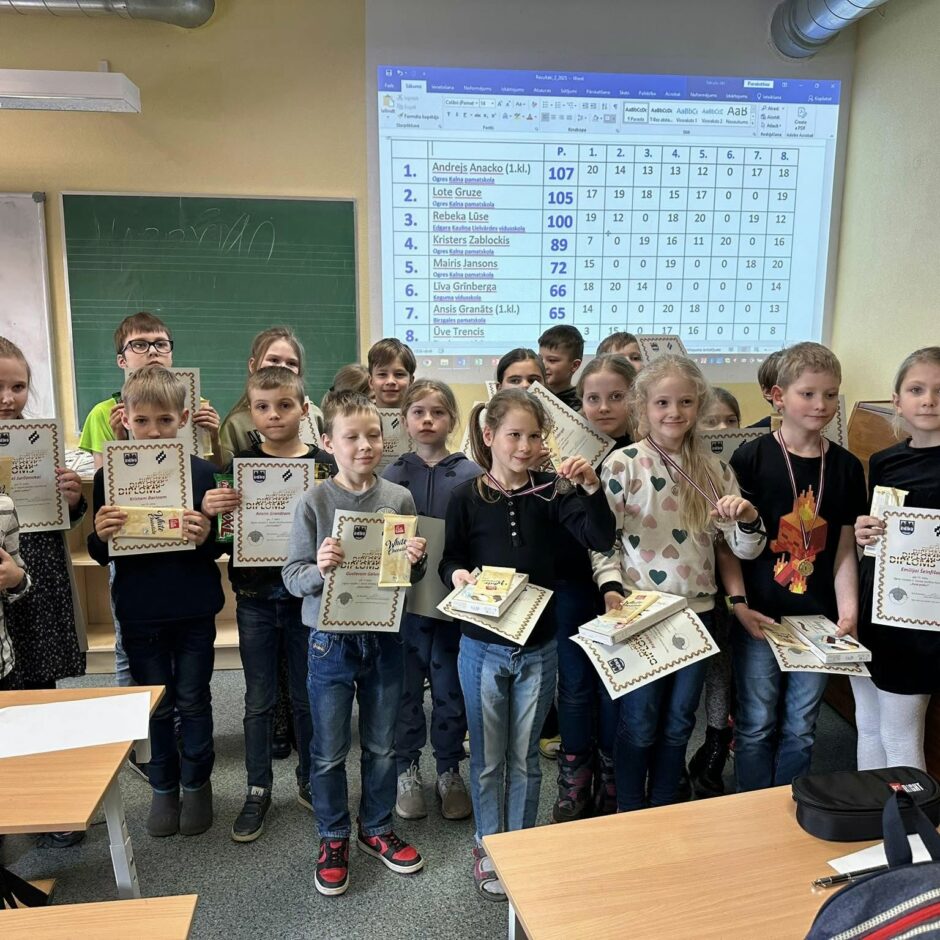 Attēlā redzami 20 bērni ar diplomiem rokās. Vidū trīs bērniem ir kaklā medaļas.