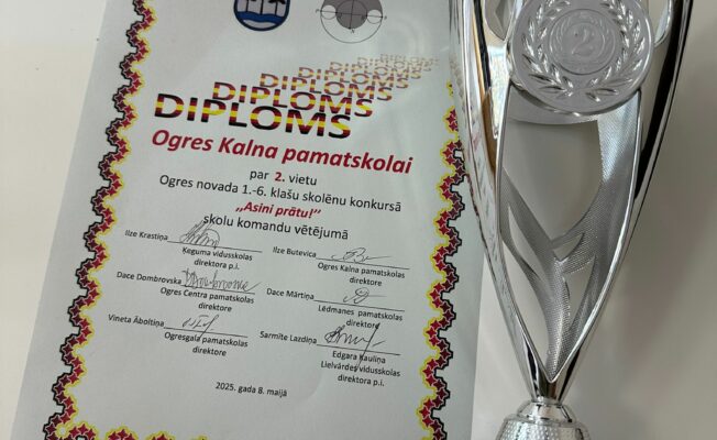 Attēlā redzams kauss un diploms