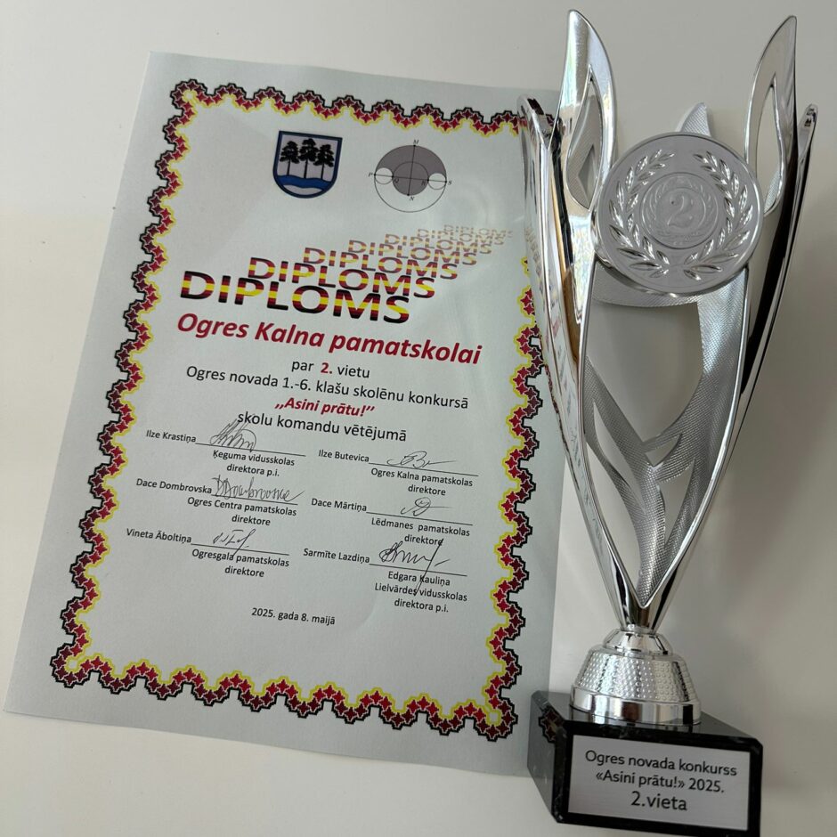 Attēlā redzams kauss un diploms