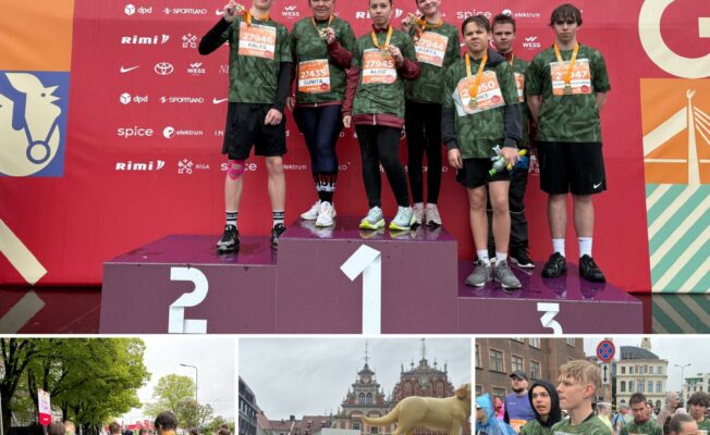 Attēls veidots kā kolāža no vairākiem attēliem par jaunsargu dalību maratonā- jaunsargi pozē ar medaļām, skrien pa ielu un stāv lietū