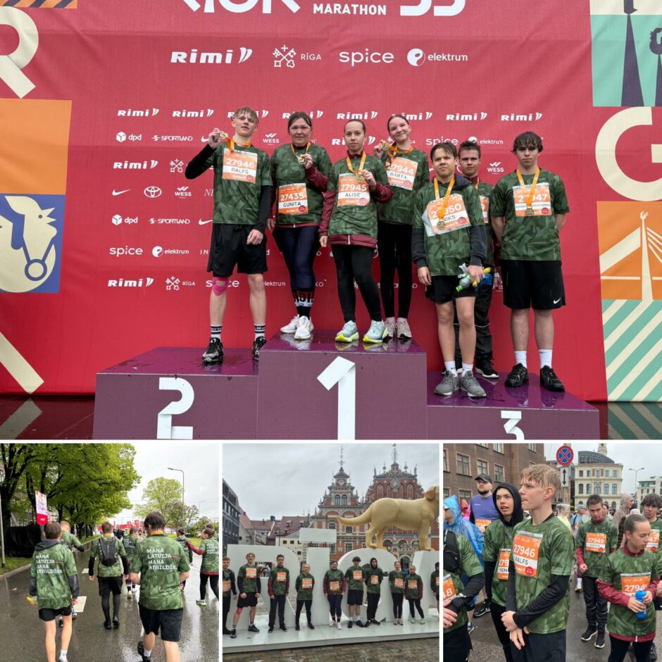 Attēls veidots kā kolāža no vairākiem attēliem par jaunsargu dalību maratonā- jaunsargi pozē ar medaļām, skrien pa ielu un stāv lietū