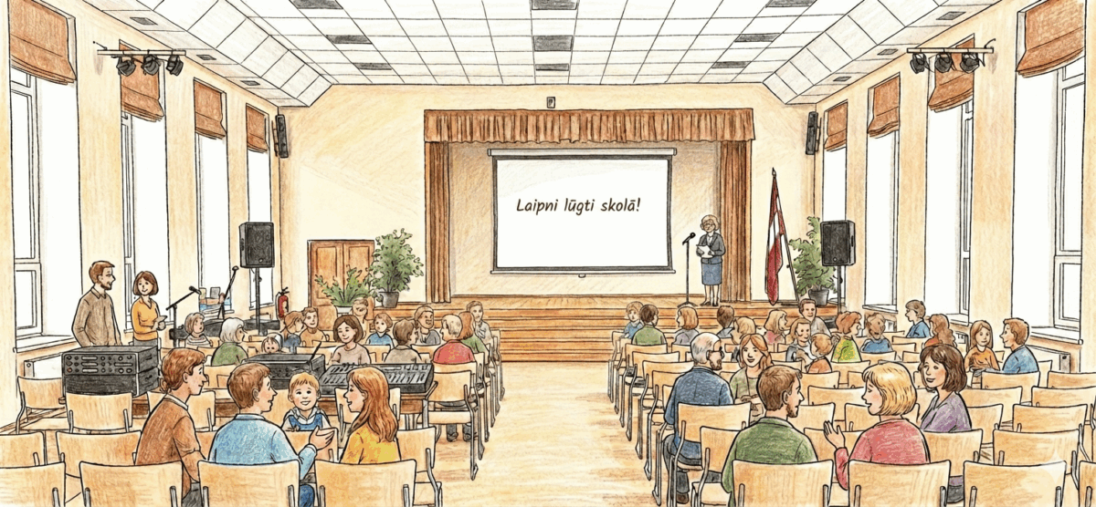 Topošo pirmklasnieku vecāku tikšanās skolas Lilajā zālē. Ilustratīvi uzzīmēts.