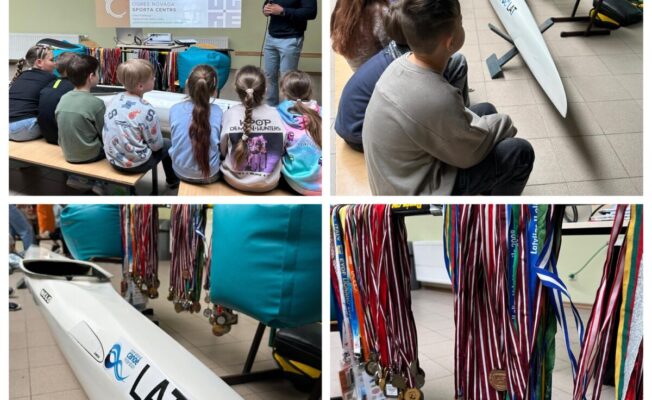 Kolāža no četrām bildēm - smaiļošanas laiva, medaļas, treneris skolēnu grupai vada nodarbību,